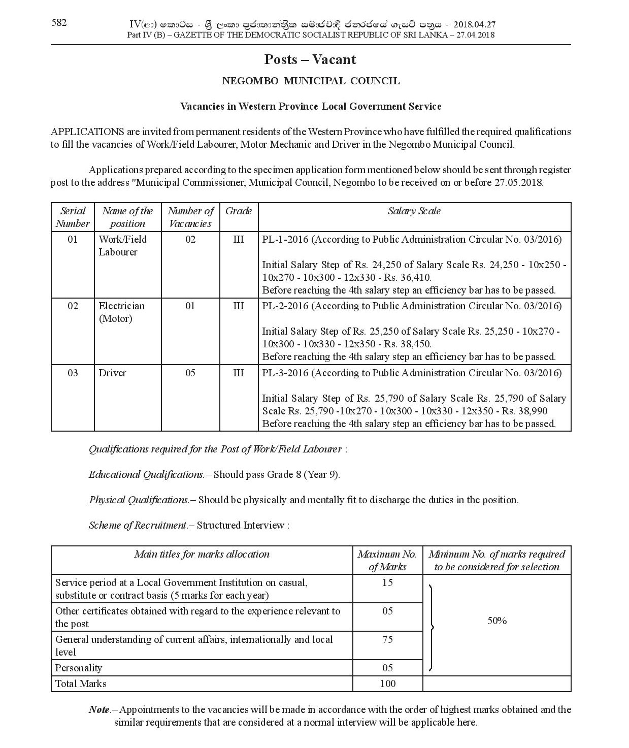 Work/Field Labourer, Electrician (Motor), Driver - Negombo Municipal Council